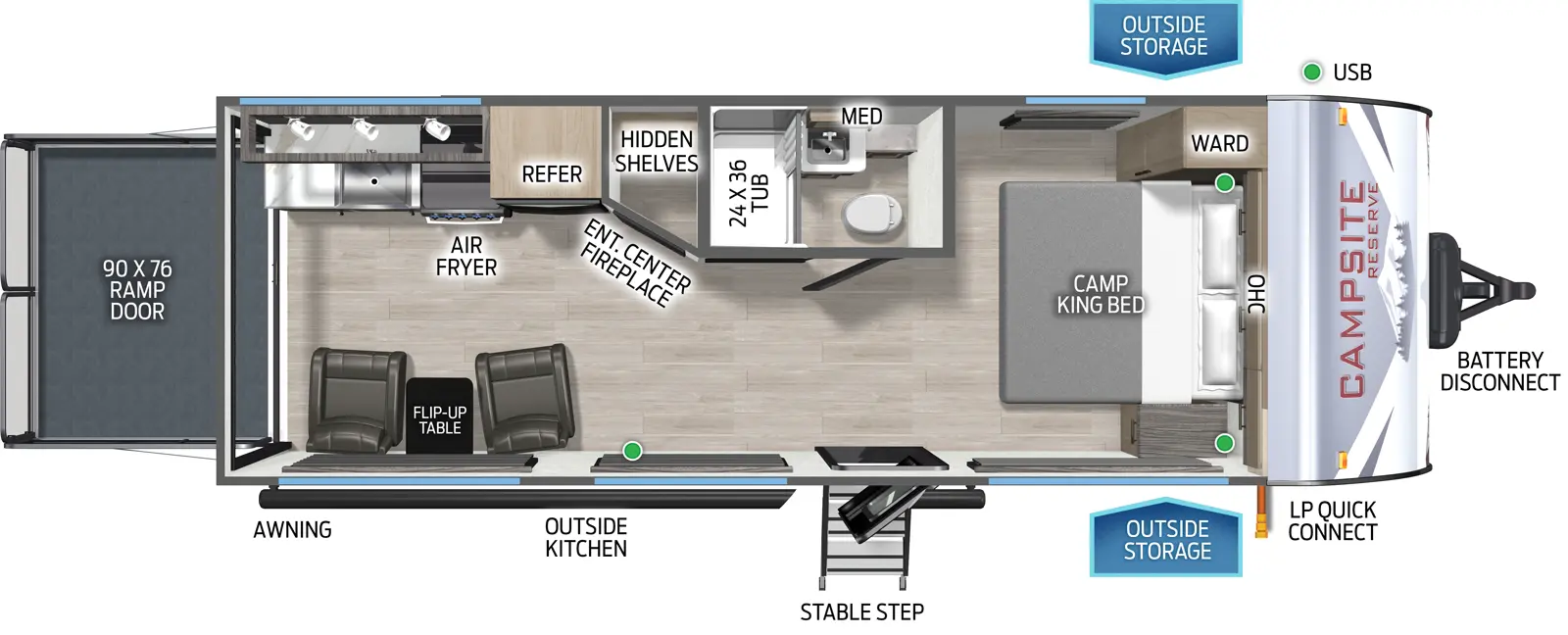 The Campsite Reserve 19KR floorplan is a toy hauler that has one entry and zero slide outs. Exterior features include: metal exterior, 15' awning and outside kitchen. Interiors features include: front bedroom.